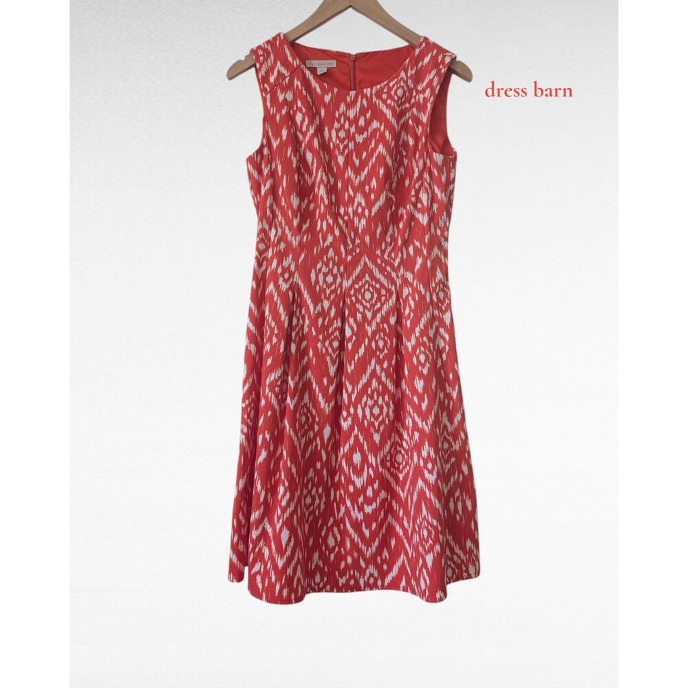 Dressbarn Orange White Ikat Print Fit & Flare Dress Size 6 Sleeveless